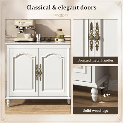 Hlivelood 65" Buffet Cabinet with Storage, Mid Century Modern Sideboard with Adjustable Shelves, Paint Cabinet, Wood Carving Design, Brass Carved Handles & Solid Wood Gourd Legs, Pearl White - color: Pearl White
