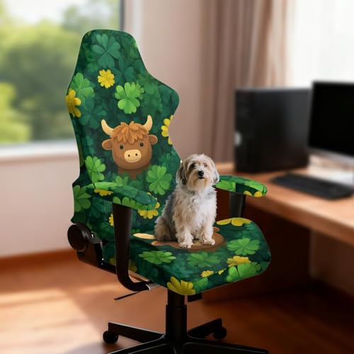 Suobstales Highland Cattle Shamrock Pattern Gaming Chair Covers Slipcovers Stretch Gamer Chair Cover with Armrest Covers Waterproof Fabric Non-Slip Universal Fit Rotating Gaming Chair Protector - color: Highland Cattle Shamrock