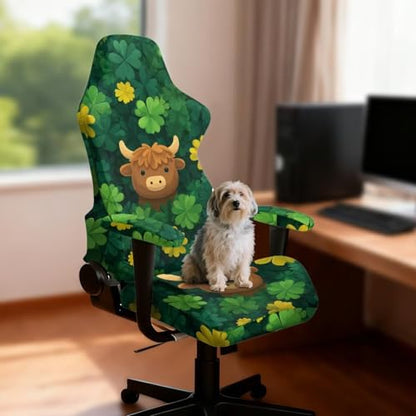 Suobstales Highland Cattle Shamrock Pattern Gaming Chair Covers Slipcovers Stretch Gamer Chair Cover with Armrest Covers Waterproof Fabric Non-Slip Universal Fit Rotating Gaming Chair Protector - color: Highland Cattle Shamrock