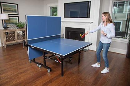 JOOLA Inside Professional MDF Indoor Ping Pong Table with Quick Clamp Table Tennis Net and Post Set - 10 Minute Easy Assembly - Tournament Quality - Foldable with Single Player Playback Mode - color: 18mm Blue