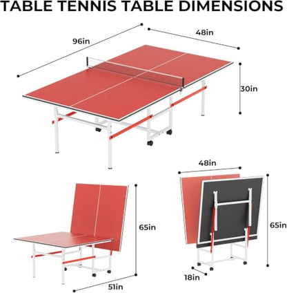 8X4FT Foldable Ping Pong Table,Professional Table Tennis Table with Net,2 Table Tennis Paddles and 3 Balls - Tournament Quality for Indoor/Outdoor - color: Red