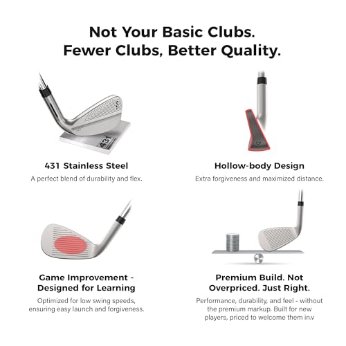 Golf Club Set - Starter Golf Clubs for Men with Sunday Stand Bag - 5-Piece Game Improvement Irons Set Including 5i, 7i, PW, Putter, and Bag. Premium 431 Stainless Steel, Hollow Body Design - color: Silver