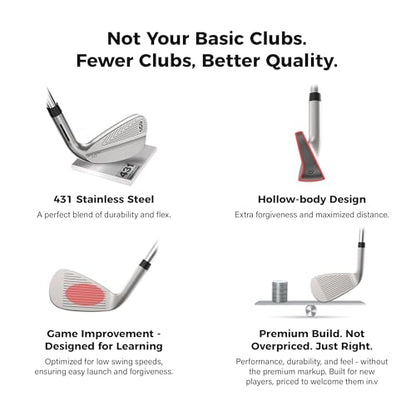 Golf Club Set - Starter Golf Clubs for Men with Sunday Stand Bag - 5-Piece Game Improvement Irons Set Including 5i, 7i, PW, Putter, and Bag. Premium 431 Stainless Steel, Hollow Body Design - color: Silver