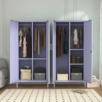 Industrial 67" Purple Lockable Metal 2-Door Storage Cabinet, Multi-Purpose Wardrobe with Hanging Rod & Adjustable Shelves, Heavy Duty for Bedroom, Garage, Home Office 67"H X 31.5"W X 18.1"D - color: Lilac, style: Wardrobe-67"H-JS