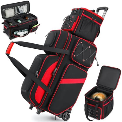 4 Ball Bowling Bag with Wheels, 3 Ball Bowling Bags Roller with 1 Ball Add On Bag, Multi-Pockets & Shoe Compartment (Fits Up to Size 16) - color: Red
