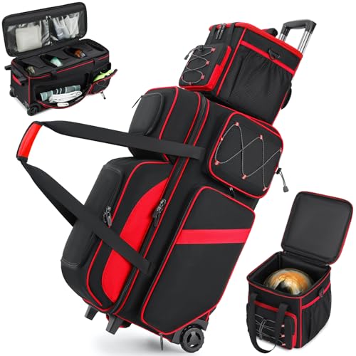 4 Ball Bowling Bag with Wheels, 3 Ball Bowling Bags Roller with 1 Ball Add On Bag, Multi-Pockets & Shoe Compartment (Fits Up to Size 16) - color: Red