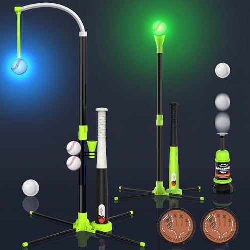 4-in-1 LED Baseball Set for Kids, Adjustable Height Hanging Tee Set with 2 Bats, Teeball Hitting Stand, Ball Launcher, Toss and Catch Ball Set, Sport Toys Outdoor/Indoor for Toddlers Boys Girls - color: 4 in 1 Green