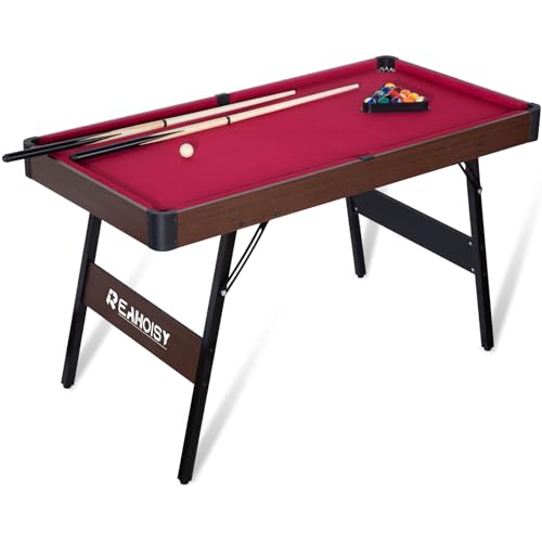 Folding Pool Table, Portable Billiard Game Tables for Kids and Adults, Mini Pool Table with Locking Legs, Adjustable Feet, Balls, Cues, Triangle, Chalk, Brush - color: 54-inch/Red