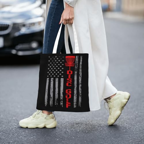 NIENIE Disc Golf With Usa Flag Tote Bag for Women Shopping Bags Reusable Large Capacity Casual Shoulder Handbags DIY Gift Bags Cute Canvas Tote Bag