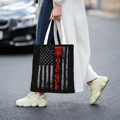 NIENIE Disc Golf With Usa Flag Tote Bag for Women Shopping Bags Reusable Large Capacity Casual Shoulder Handbags DIY Gift Bags Cute Canvas Tote Bag