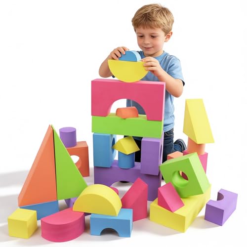 Large Building Foam Blocks for Toddlers, EVA Stacking Foam Building Blocks Toy Set, Non-Toxic, Washable, Early Learning Construction Toys & Gifts for Kids Boys & Girls (Blue, Pieces, 30)