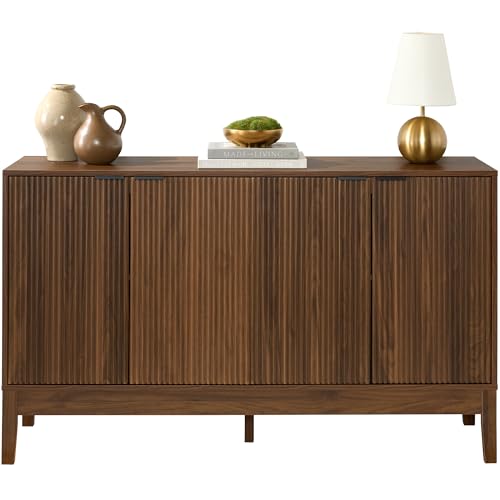Best Choice Products 55" Modern 4-Door Sideboard Storage Cabinet, Buffet, Media Cabinet, Cupboard, Entryway Accent Table, Bookcase w/Reed Panels and Adjustable Shelves – Walnut - color: Walnut