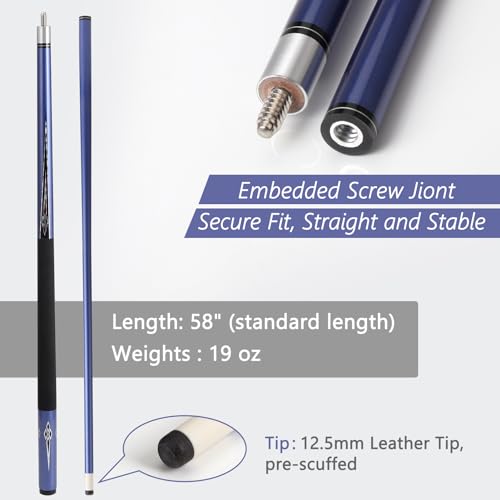 Glass Fiber Pool Cue Stick with Case Combo Set, 12.5mm Professional Pool Stick 58" Low Deflection Billiards Cue Stick 19 Oz Pool Cue Set for Men Adults Players - color: Blue1
