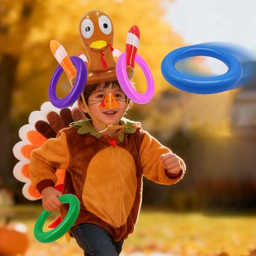 2 Pack Thanksgiving Ring Toss Games Toys for Kids Thanksgiving Inflatable Turkey Hats Toss Games Thanksgiving Family School Party Favors Decor Indoor Outdoor Party Game(2 Turkey Hats, 8 Rings)