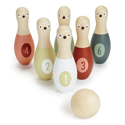 Tender Leaf Toys - Birdie Skittles - Kids Bowling Set - 6 Solid Wood Bowling Pins, Ball and Storage Bag - Fun Physical Learning for Toddler - Develop Hand-Eye Coordination and Numeracy Skills - Age 3+