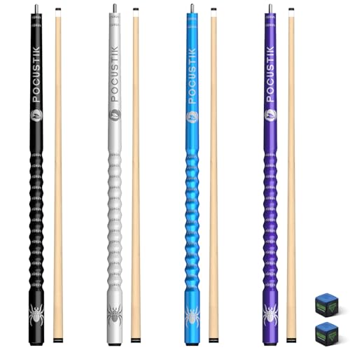 Pool Cues Set of 4, 58" 2-Piece Canadian Maple Billiard Sticks with Ergonomic Grip & 13mm Tip, Pro Pool Stick in 4 Colors & 4 Weights (18-21oz) for Home Bar, Incl 2 Chalks - color: Purple+Blue+White+Black