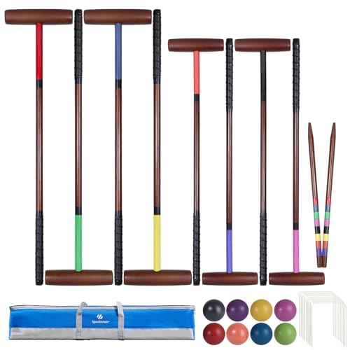 SpeedArmis Croquet Set for Adults - 8 Players Croquette Kit with 32In Regulation, 35In Deluxe Size Rubber Wood Mallets, Colored PE Ball, Wickets, 24In End Stakes, Lawn Backyard Game for Families - color: Antique Finish-with Grip Tape