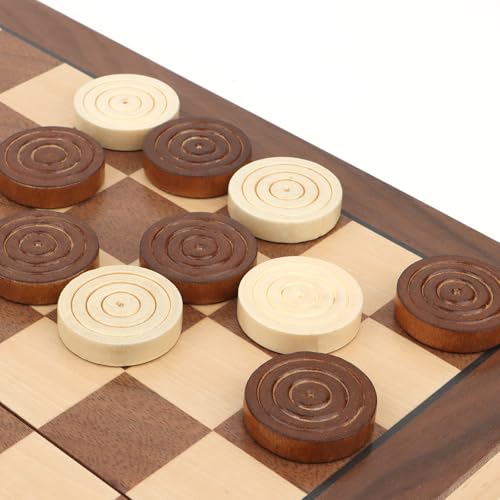 Wooden Checkers Pieces Only, 24 Wood Checkers Pieces with Storage Bag, Premium Wood Pieces for Backgammon, Ideal for Replacement or Spare Pieces (1.26”Diameter -Brown&Burlywood)