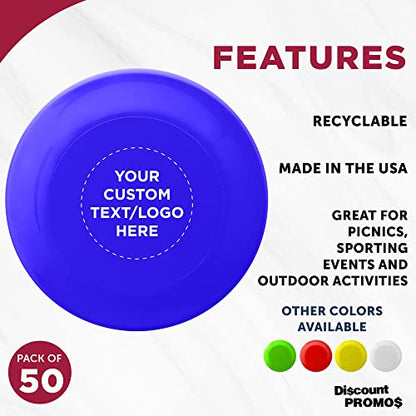 DISCOUNT PROMOS Frisbee Flying Discs in Bulk, 9.25 in. Fun Family Beach Game - color: - Custom - Reflex Blue, size: 50 flying discs