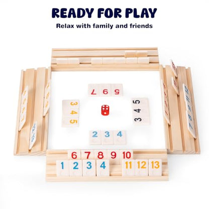 Rummy Cube Game Set, 106 Rummy Tiles with 4 Wooden Racks/Trays, Portable Carrying Case, Classic Family Board Game for Travel and Fun Gatherings - style: 4 players with 106 tiles