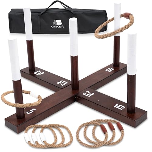 CircleCraft Ring Toss Game, Incl. 6 Rope Rings, Gifts for Kids Teens Boys & Girls Ages 8-12+, Outdoor Yard Games for Kids & Adults, Wooden Lawn Game for Family Backyard Beach Camping Party Activities - color: Dark Brown