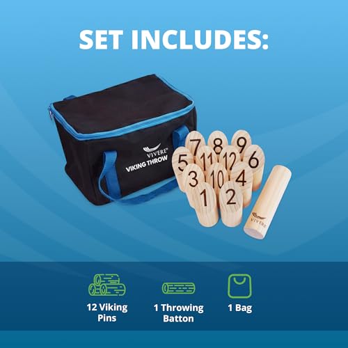 Vivere Viking Throw Tournament Edition, Outdoor Bowling Game Set for Kids & Adults with 12 Pins, Baton & Carry Bag for Backyard, Beach & Lawn Play
