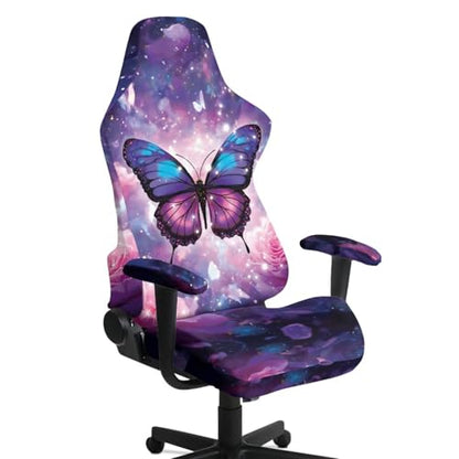Suobstales Galaxy Butterfly Rose Flower Pattern Gaming Chair Cover, Soft Gaming Chair Slipcovers for Office, Soft Spandex Gaming Chair Slipcovers with Armrest Covers for Office Chair, Computer Chair - color: Galaxy Butterfly Rose Flower