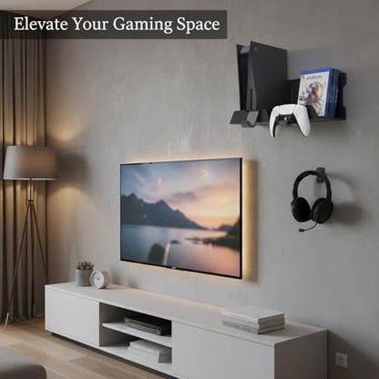 Wall-Mounted Steel Shelf for Game Consoles & Controllers, Space-Saving Black Metal Bracket for Gaming Accessories, Living Room or Gaming Setup Organization