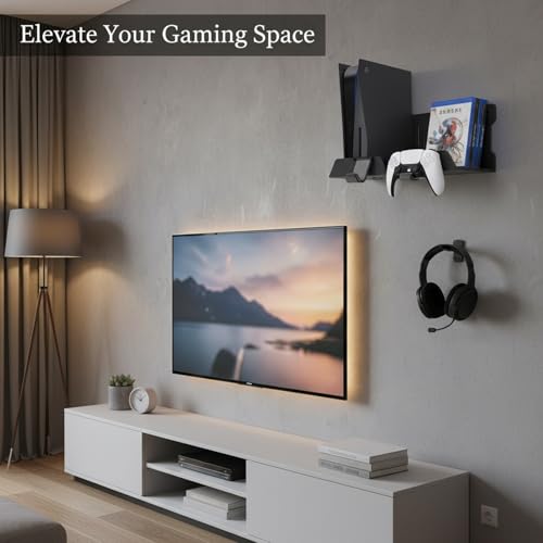 Wall-Mounted Steel Shelf for Gaming Accessories & Controllers, Space-Saving Black Metal Bracket for Living Room or Home Office Organizer