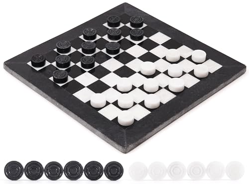 Radicaln Marble Checkers Board Game 15" Inches Black and White Handmade 2-Player Tournament Checker Set, Board Game Set – Elegant Holiday - color: Black and White