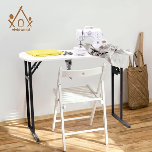 Vividwood Portable Folding Sewing Table, Multipurpose Sewing Machine Table with Adjustable Shelf (Warm White)