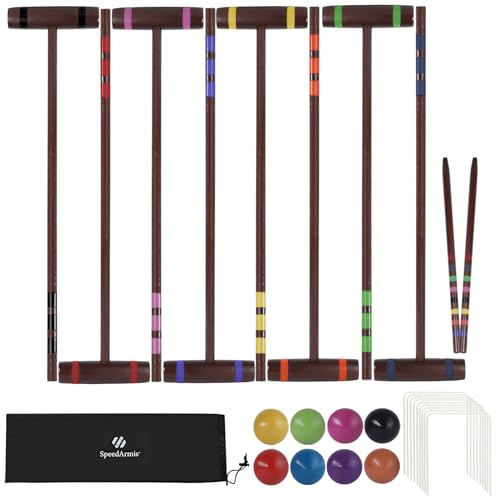 SpeedArmis 28In Croquet Party Set for 8 Players - Made of Long-Lasting Pine Wood, Family Fun for Backyards, Camping and More, Comes with Colorful Mallets, PE Balls, Wickets, Stakes, and Carrying Bag - color: Vintage Color