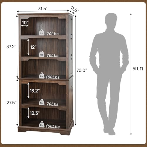 Tall Bookcase, 70 inch Height, 5-Tier Open Storage Shelf, 31.5 in Wide Standing Bookshelves for Home, Office, Bedroom, School, Library, 31.5W * 11.81D *70H (Walnut, Open Storage) - color: Walnut