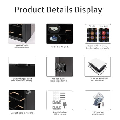 LED 20 Hockey Puck Display Case, Wall Mount & Freestanding Shadow Box Holder with Clear Glass, Large Black for Hockey Puck Collection - size: Large LED-Black