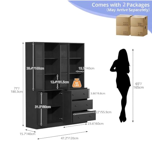 TUSY 71" H Bookshelf with Storage, 6-Tier Modern Bookshelves with 3 Large Drawer, Display Bookcase with Glass Doors, Modern 5-Tier Curio Cabinet for Home Office, Dining Room (Black, AB) - color: Black