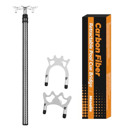 Carbon Fiber Lightweight Pool Bridge Stick, Removable Metal Heads | Made of 100% carbon fiber, sturdy & solid, easy to assemble, stretches from 17"to 55.5", compact storage bag for portability