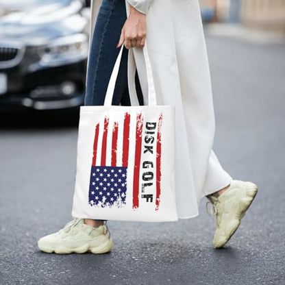 NIENIE Disk Golf Usa Flag Tote Bag for Women Shopping Bags Reusable Large Capacity Casual Shoulder Handbags DIY Gift Bags Cute Canvas Tote Bag