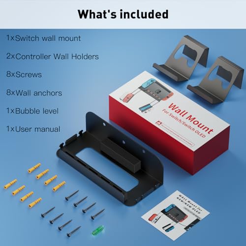 Wall Mount for Nintendo Switch and Switch OLED with 2 Controller Wall Holders, Metal Wall Mount Kit Stand with 5 Game Card and 4 JoyCon Shelfs, Safely Store Console Near or Behind TV, Black - color: Black Kit