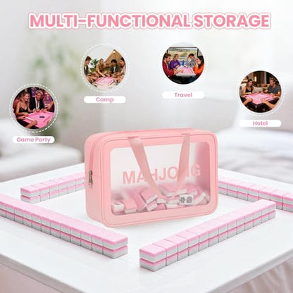 Mahjong Tile Bag, Tile Storage Case for American Mah Jong Set, Durable Mahjong Accessories Gift Pouch, Card Holder Organizer, Pink (Case Only)