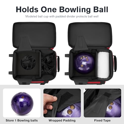 Single Roller Bowling Bag with Wheels, 1 Bowling Ball Bag with Separate Shoe Compartment and Retractable Handle Extends to 37.0 Inches, Padded Foam Ball Insert - color: Red
