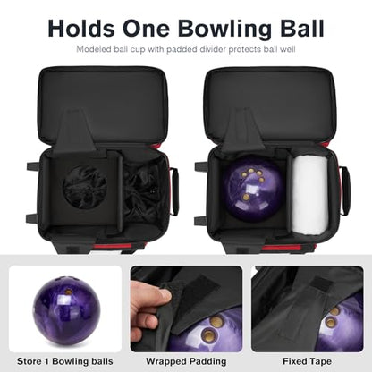 Single Roller Bowling Bag with Wheels, 1 Bowling Ball Bag with Separate Shoe Compartment and Retractable Handle Extends to 37.0 Inches, Padded Foam Ball Insert - color: Red