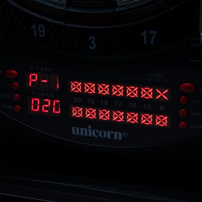 Unicorn Impact LED Electronic Dartboard Cabinet Set - Door Activated LED Lights - Dual LED Scoring Displays with Cricket Marks - Includes 6 Soft Tip Darts and Replacement Tips