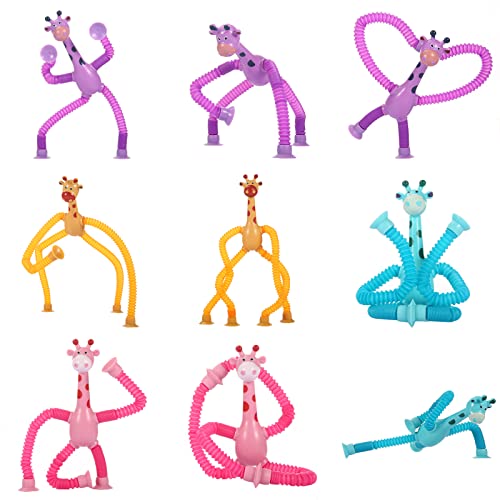 XONTEUS 4 Pcs Pop Tubes Giraffe Travel Airplane Road Trip Car Activities Essential, Telescopic Suction Cup Sensory Fidget Toys,Screen-Free Activity for Toddler 3+ and Kids, Stocking Stuffers for Kids