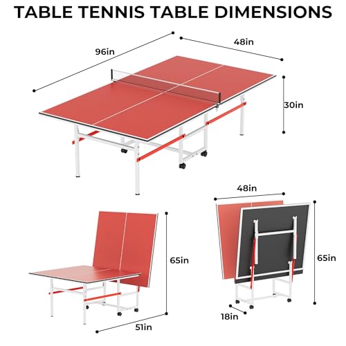8FT Table Tennis Table with Net, Indoor/Outdoor Professional Ping Pong Table for Kids Adults, Folding Ping Pong Table, Complete Set with Paddles and Balls, School Playground Game Table - color: Red