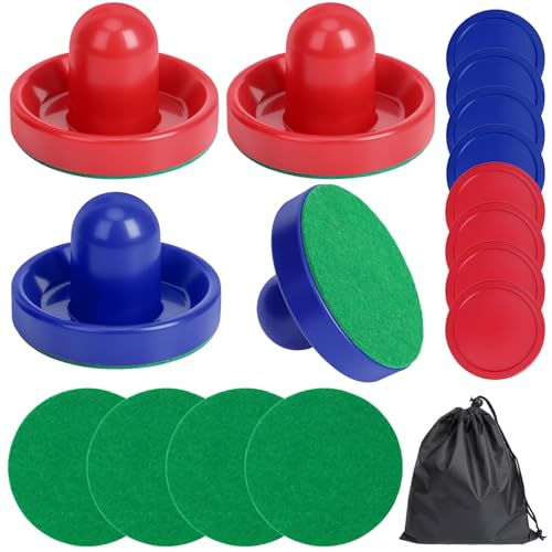 Coopay Air Hockey Paddles and Pucks, Air Hockey Pushers with Nylon Storage Bag, Goal Handles Paddles Replacement Accessories for Game Tables(4 Pushers 96mm with Pads, 8 Pucks 64mm) - color: Red, Blue