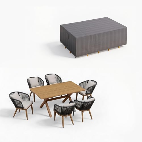 PURPLE LEAF 7 Pieces Patio Dining Set with Waterproof Furniture Cover Rectangular Table and Chairs Set for Garden Deck Aluminum Frame Backyard Kitchen Set, Cushions and Pillows Included Teak - color: Teak, size: 7 Pcs, style: with Furniture Cover