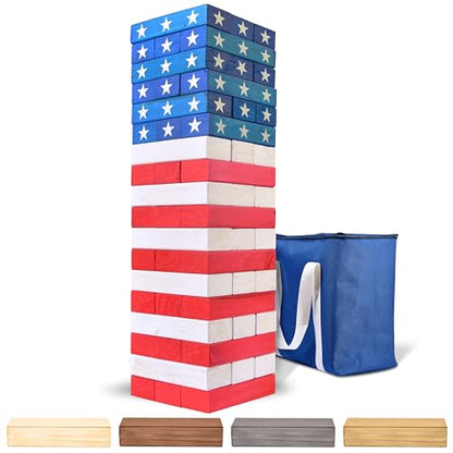 GoSports Giant Wooden Stacking Game - Stacks Up to 5 ft - Choose Brown Wood Stain, Gray, Natural, Stars & Stripes, or Tropical Hardwood - Toppling Tower - color: Stars and Stripes