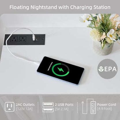 BuildHom Modern Matte White Fluted Floating Nightstand with Charging Station, NightStand with Drawers, Bedside with USB Ports and Outlets, Bedroom Furniture (Set of 2) - color: Matte White, size: Set of 2