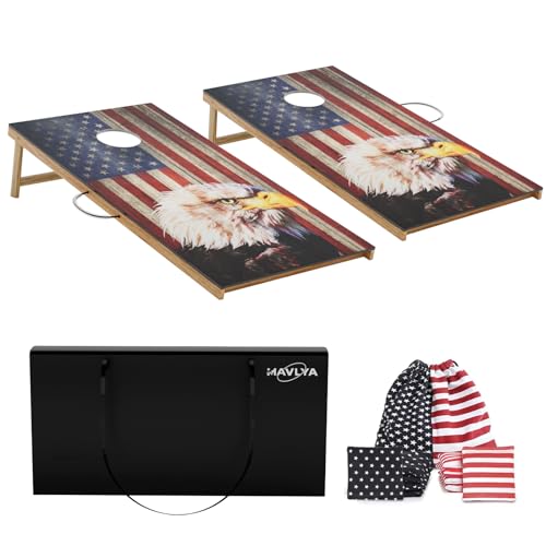 Cornhole Board Set,Corn Hole Games for Adults Outdoor,2X4FT Solid Wood Regulation Cornhole Boards with 8 Cornhole Beans Bags & Carry Case - style: Eagle's Head&American Flag