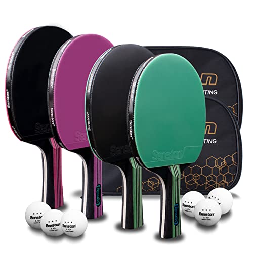 Senston 5-Ply Ping Pong Paddles Set – Premium Wood Table Tennis Set of 4 with 6 Balls & Portable Carry Case – High-Control 2mm Sponge & Ergonomic Non-Slip Grip for Beginners & Family Play - color: Green+Purple